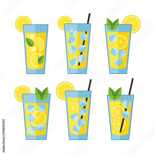 Refreshing Lemonade Drinks with Ice and Mint - Flat Design