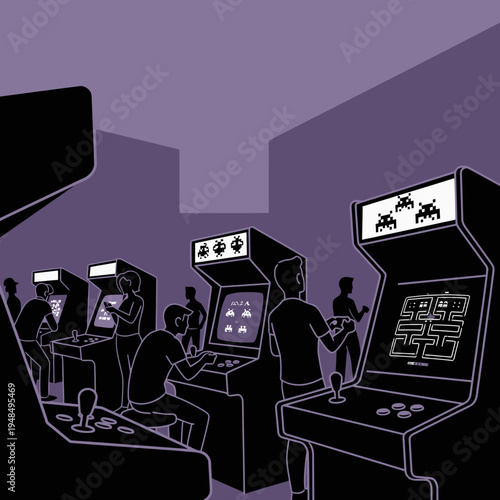 Retro Arcade Game Room with People Playing Classic Video Games