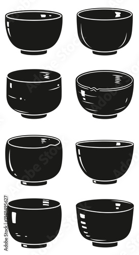 Set of Black Ceramic Bowls Isolated on White Background