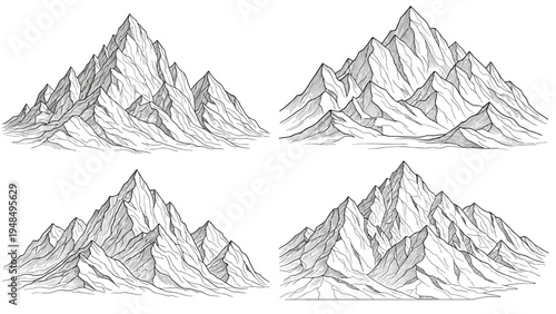 Hand drawn mountain peaks in a vintage engraving style show rugged landscapes with rocky cliffs and high summits.