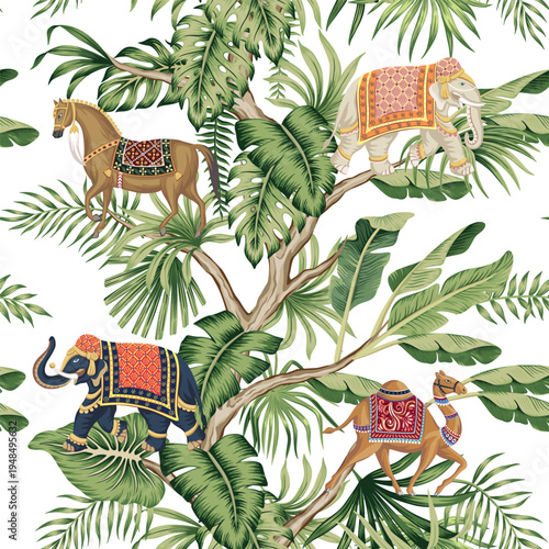Indian elephant, camel, horse animal, banana tree, tropical palm, plant floral seamless pattern white background. Exotic botanical jungle wallpaper.