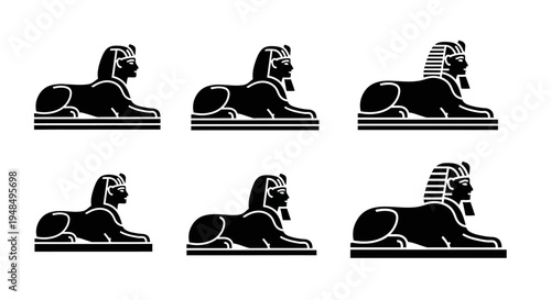 Set of Egyptian Sphinx Icons - Black Silhouettes on White Background
