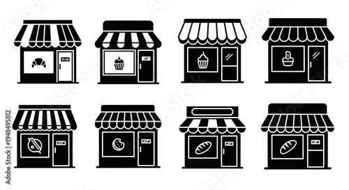 Set of Shop Icons: Bakery, Cafe, Food Store Fronts, Vector Graphics