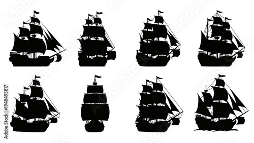 Set of Silhouette Tall Ships, Sailing Boats, and Galleons