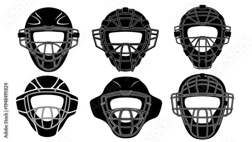 Set of six baseball catcher masks, black and white vector illustration