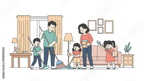 Happy family members including parents and children work together to clean their living room with brooms and mops.