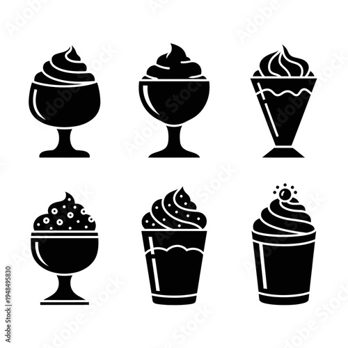 Set of six black ice cream sundae and milkshake icons on white background