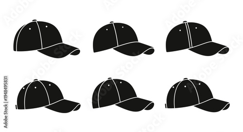 Set of Six Black Baseball Caps, Front and Side Views, Isolated on White