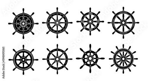 Set of Vintage Ship Steering Wheels, Nautical Helm Icons, Marine Design Elements