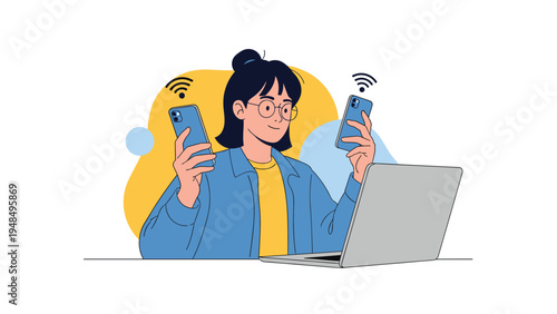 Busy woman multitasking at her desk using a laptop and two smartphones with wifi signals in a modern workspace environment.