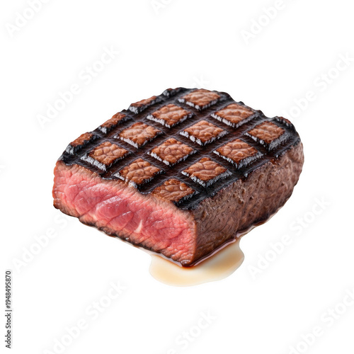 A neatly sliced piece of grilled beef steak on a wooden cutting board