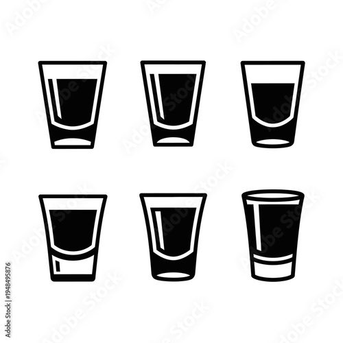 Set of Six Shot Glasses with Dark Liquid, Iconographic Style