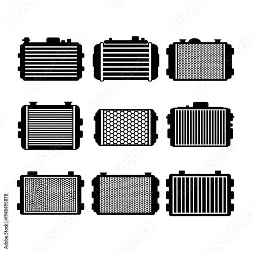 Set of stylized car radiators, heat exchangers, icons, vector illustration