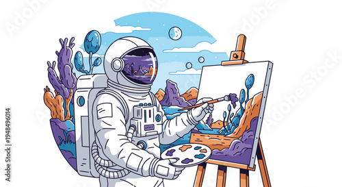 Astronaut Painting Underwater Scene on Easel.