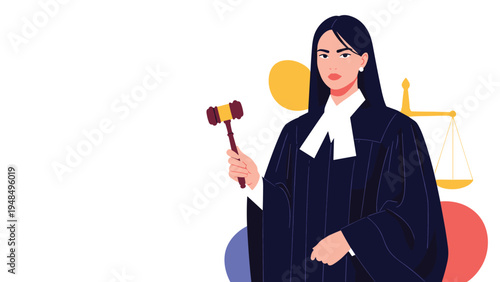 Serious female judge in a black robe holding a wooden gavel stands against a white backdrop with scales of justice.
