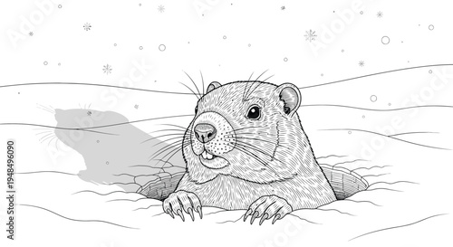 Marmot Emerging from Snowy Burrow Illustration.