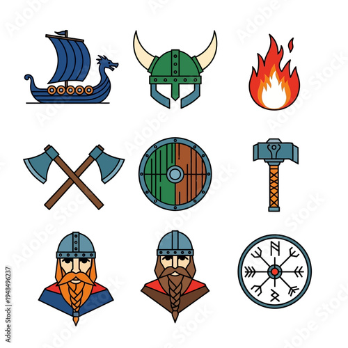 Viking Icons Set: Ship, Helmet, Axe, Thor Hammer, Shield, Fire, Compass, Warriors