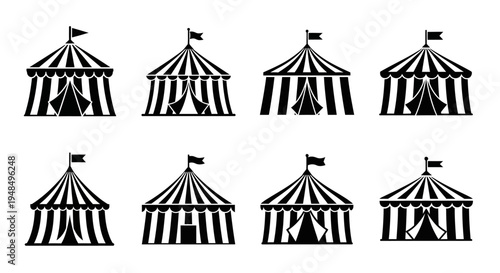 Vintage Circus Tent Icons Set, Black and White Vector Graphics