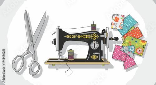 Vintage Sewing Machine with Scissors and Fabric.