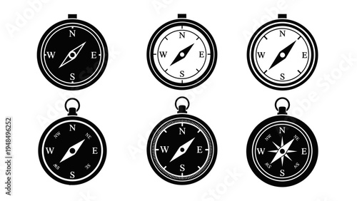 Vintage Compass Icons Set, Navigation Tools, Direction Symbols