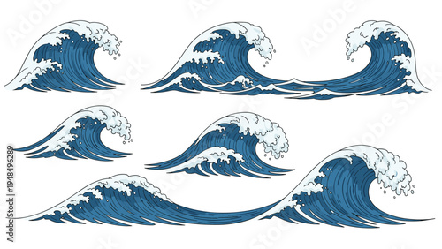 Stylized blue ocean waves with white foam crests are drawn in a traditional Japanese art style on a plain background.