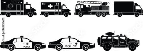 Emergency vehicle silhouette illustration set, police car ambulance fire truck SWAT artwork, public safety vector design concept