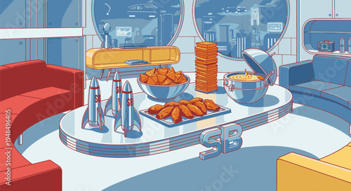Futuristic Kitchen with Food and Drinks.