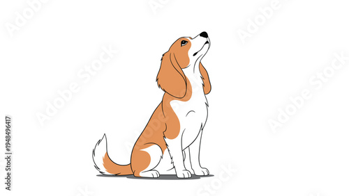Loyal beagle dog sitting down and looking up with curiosity against a plain white background in a clean art style.