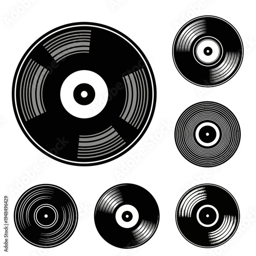 Vintage Vinyl Records Collection Set, Retro Music Media Icons