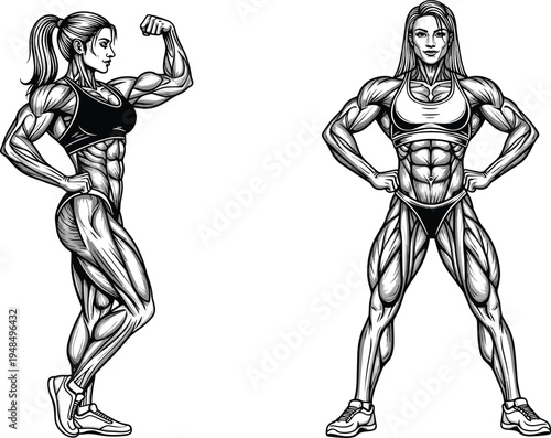 Female bodybuilding silhouette collection, muscular fitness outline figure, athletic motif illustration, strength icon art, sports design graphic, physique symbol