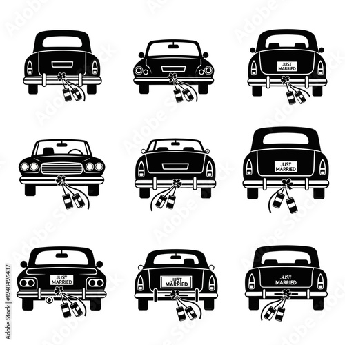 Vintage Wedding Cars with Just Married Signs and Ribbons - Set of Icons