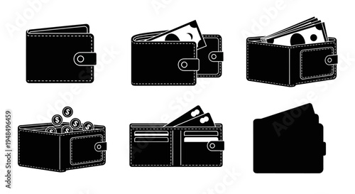 Wallet Icons Set: Cash, Coins, Cards, and Empty Wallet Illustrations