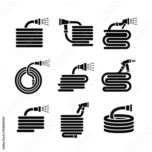 Water Hose Icons: Garden hose spray nozzle, coil, and straight designs