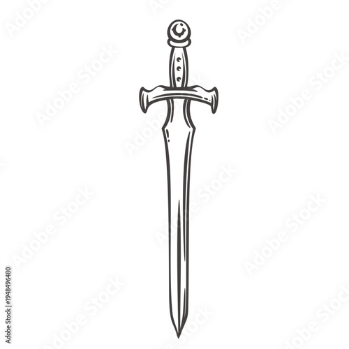 Viking sword with straight blade and cross guard, ancient Norse warrior weapon symbol of honor and battle. Detailed medieval sword in monochrome engraving style vector illustration.