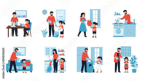 Family members perform various household chores like washing dishes, cleaning the floor, and doing laundry together.