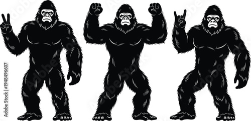 Gorilla silhouette illustration set, animal posture gesture artwork, wildlife vector drawing concept