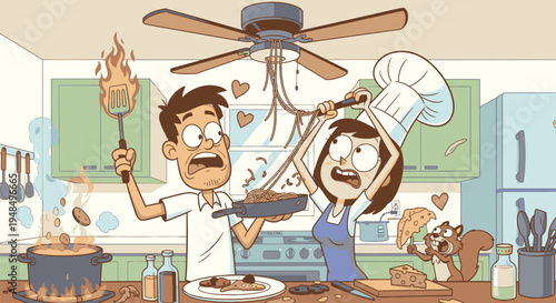 Cartoon Couple Cooking Together in Kitchen.