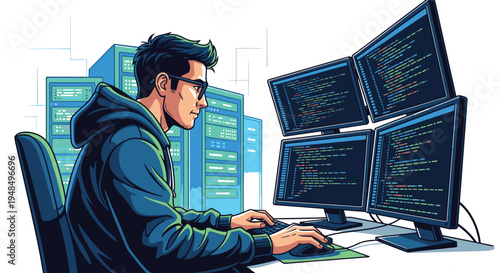 Young Programmer Working on Multiple Computer Screens.