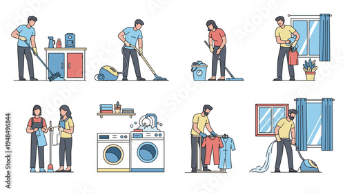 Male and female characters doing different cleaning tasks and laundry in a series of household chore illustrations.