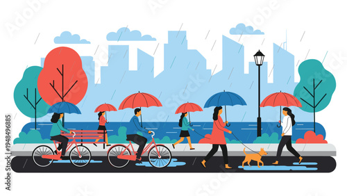 City people walking and riding bicycles in the rain while holding colorful umbrellas with a cityscape in the background.