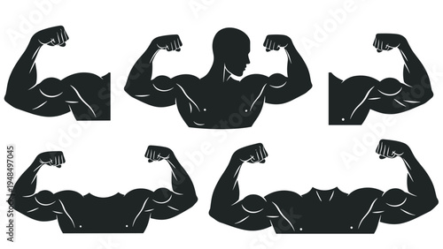 Silhouettes of muscular male bodies showing arm muscles and bicep curls represent fitness and bodybuilding goals.