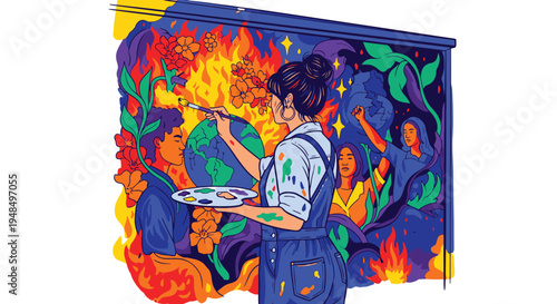 Artist Painting Vibrant Street Art Mural.