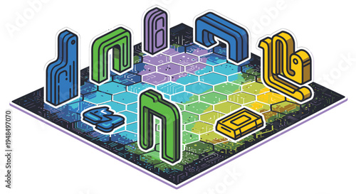 3D Rendered Bitcoin Symbols on Hexagonal Grid.