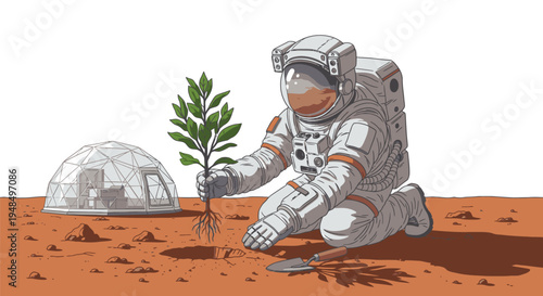 Astronaut Planting Tree on Mars Surface.