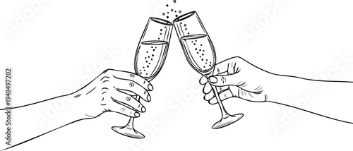 Two hands clinking champagne glasses for toast, celebration line art