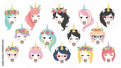Colorful unicorn head collection features different hairstyles, flower crowns, and eyeglasses for a whimsical look.