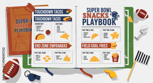 Super Bowl Snacks Playbook Recipe Booklet with Football Accessories.