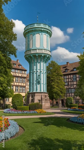 Water tower in a green park.