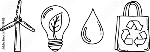 Eco-friendly icons represent renewable energy, conservation, and sustainability