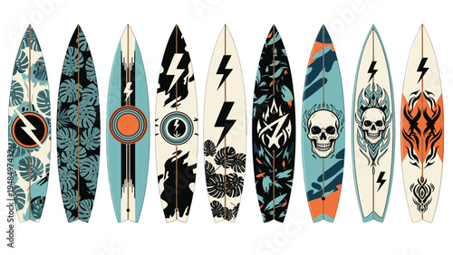 Collection of various surfboard designs featuring tropical patterns, skulls, and lightning bolts on a clean white background for summer sports.